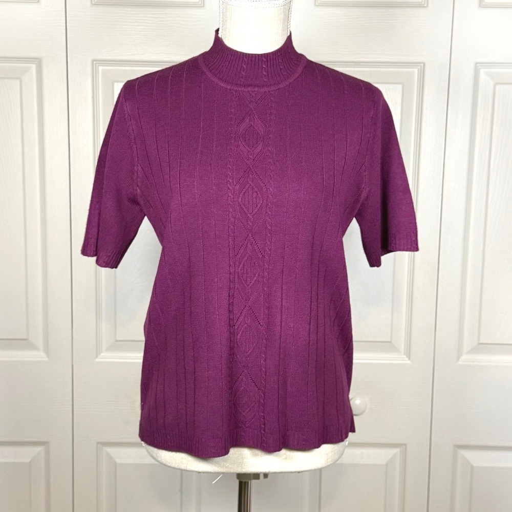 Koret Vintage Plum Purple Mock Neck Short Sleeve Cable Knit Sweater Small